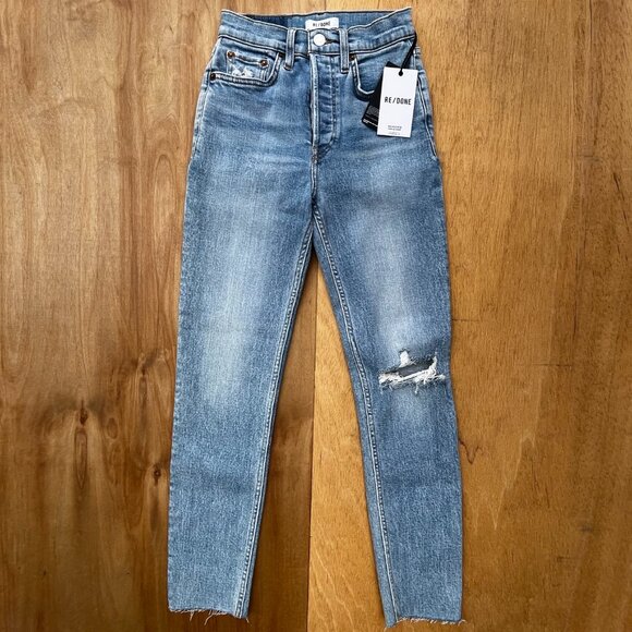 RE/DONE 90s HIGH RISE ANKLE CROP JEANS WOMEN’S sz 24 Button Fly Blue Stretch NWT - Picture 2 of 16